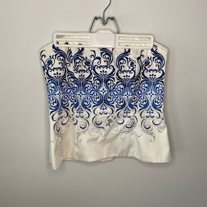 White House Black Market White and Blue Embroidered Top